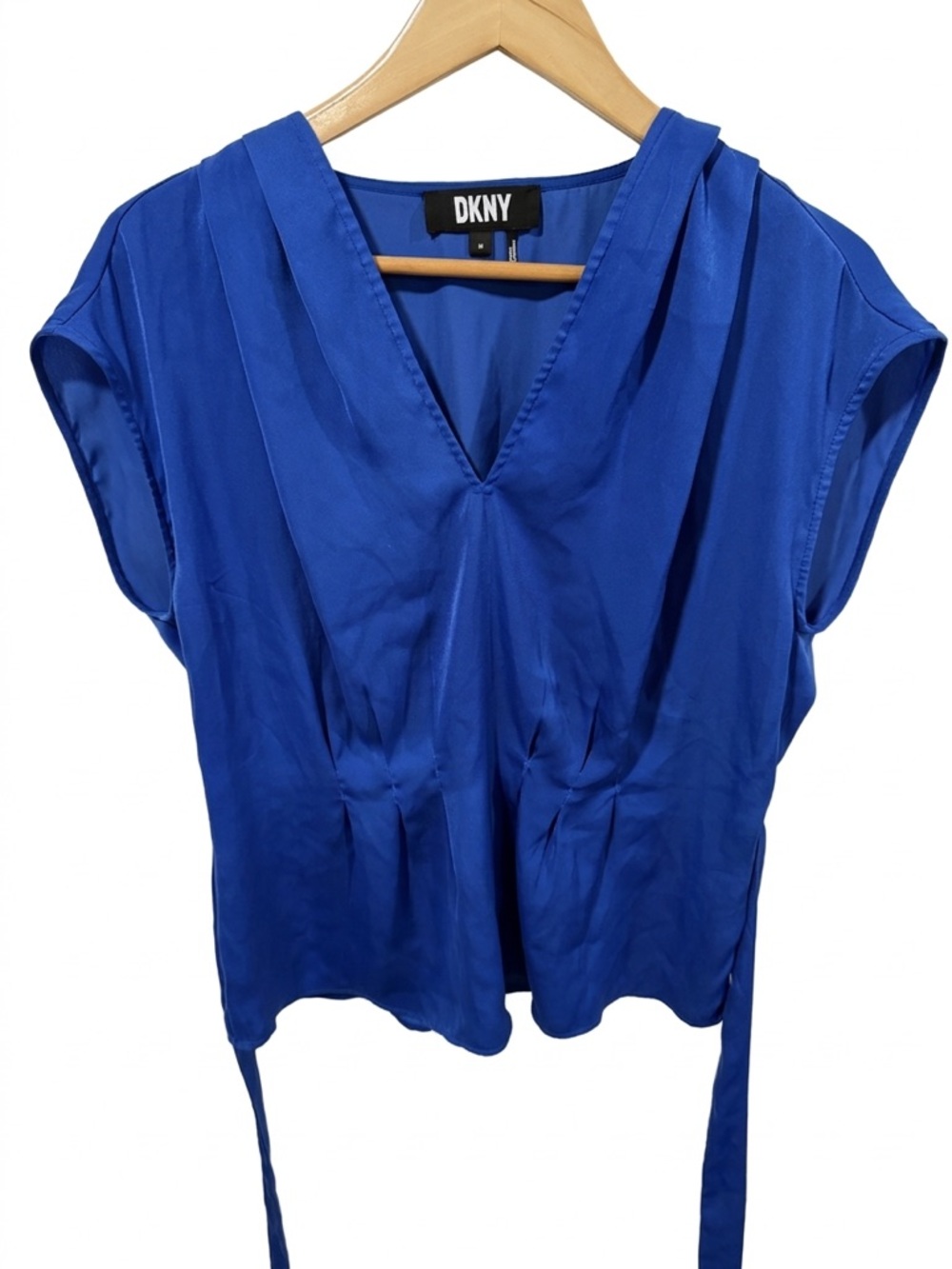 DKNY Women’s Blue V-Neck Short Sleeve Draped Blouse Size M